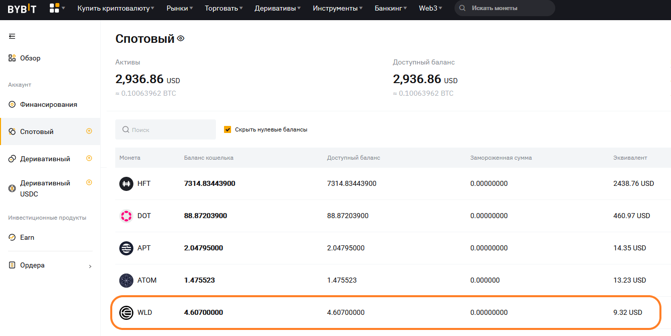 Монеты на кошельке в Bybit